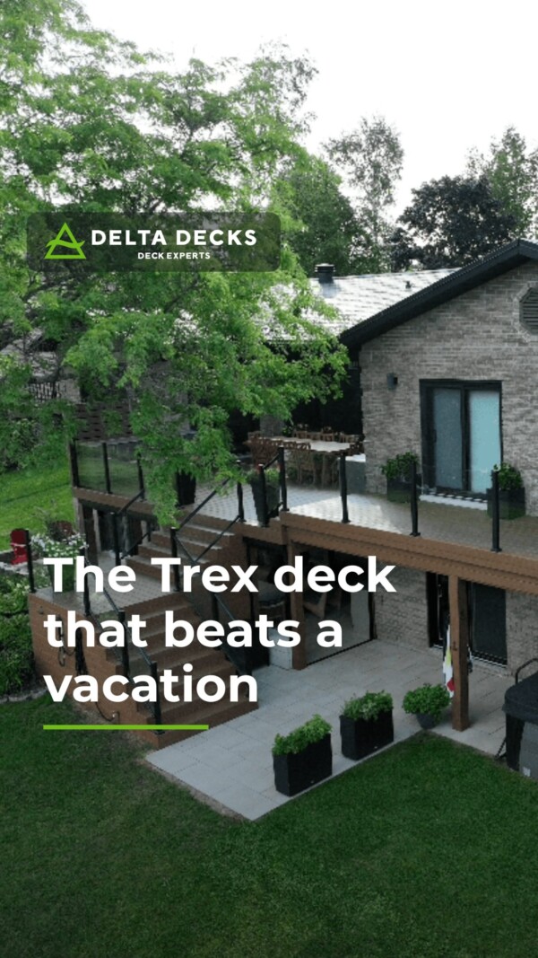 While everyone’s booking flights and packing beach bags, we’d rather just walk out the back door. This two-level Trex build in Barrie turned a regular backyard into the kind of place you don’t want to leave — hot tub, two outdoor kitchens, and a lake view that beats most hotel windows. No airport lines, no check-in times, no rushing home before it’s over.The lower patio stays dry all season thanks to a full Trex RainEscape system, so rain never cancels the plans. Glass railings keep the view wide open, and custom privacy screens keep it feeling like your own escape.
Ready to build your own staycation? Call us at (416) 915-2693 for a free estimate.