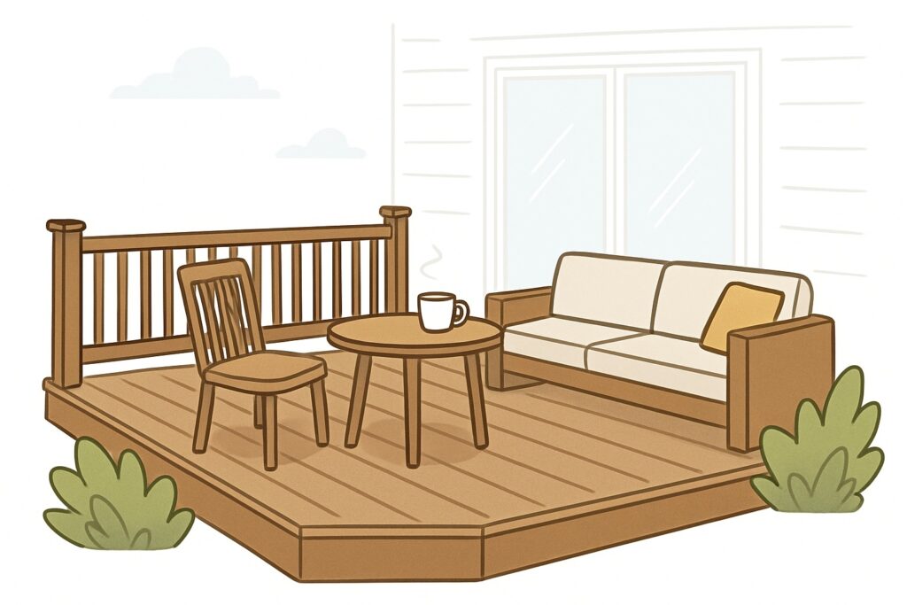 A cozy wooden patio with a chair, a round table holding a steaming mug, and a cushioned sofa with a pillow, next to a house with large windows and surrounded by green bushes.