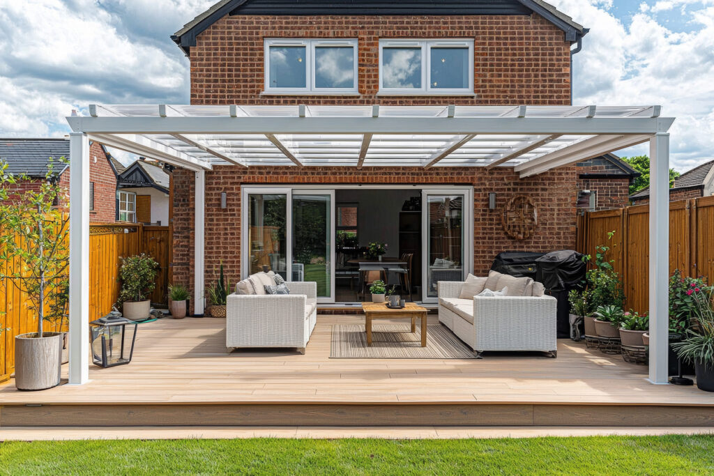 White pergola covering a furnished backyard deck beside a brick house.
