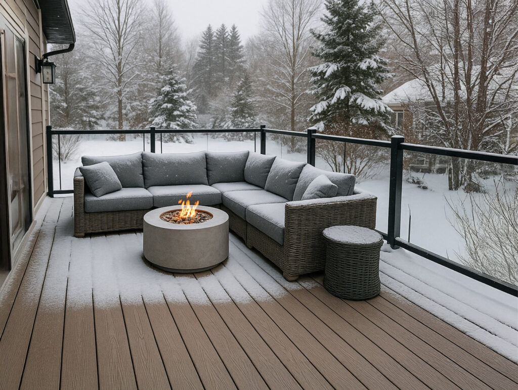 A snowy deck with composite decking features a gray outdoor sectional sofa, a round fire pit with a flame, a small side table, and glass railing overlooking a wintry landscape of trees and snow-covered ground.