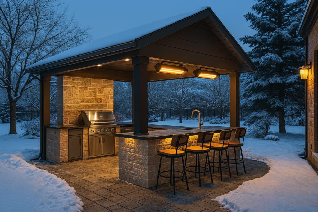 Outdoor kitchen with a grill, bar seating, and overhead heaters, surrounded by snow-covered ground and trees at dusk.