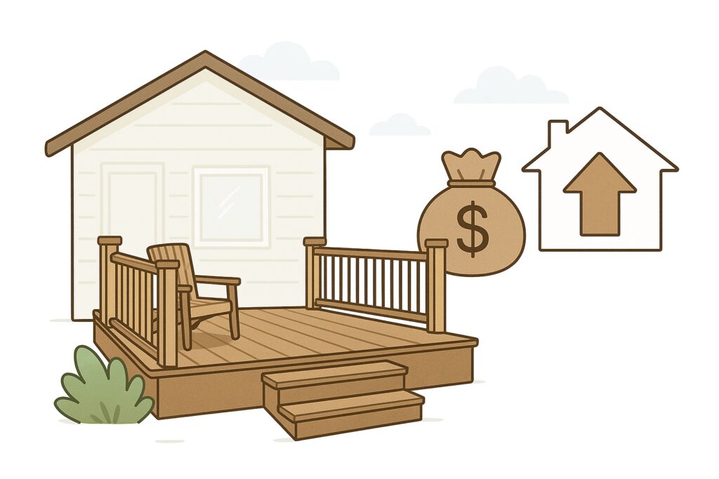 Illustration of a house with a wooden porch, a chair on the deck, a money bag symbol, and an upward arrow inside a house icon, suggesting home improvement or increased property value.