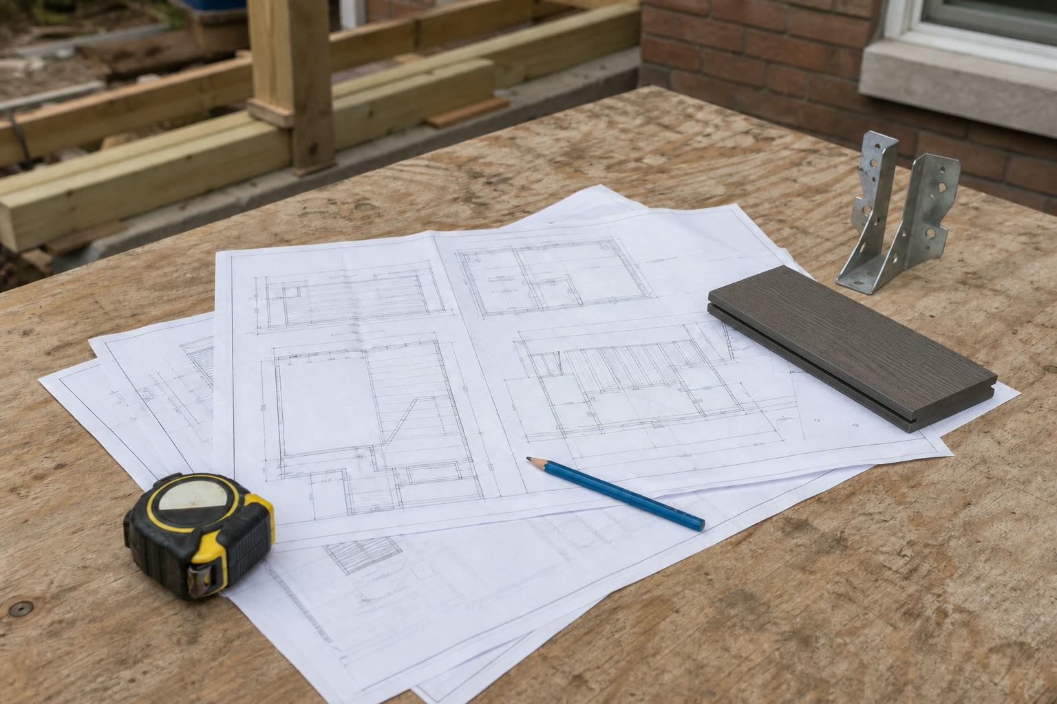 Permit-ready deck drawings with a solid capped composite decking sample on a jobsite table