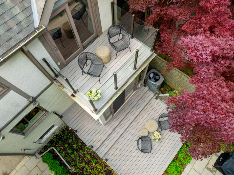 Aerial view of the Fiberon Cabana rooftop and multilevel backyard decks connected to the home