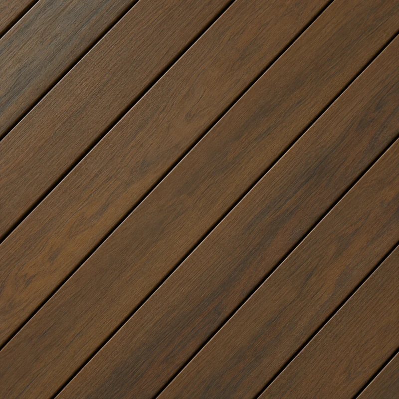 Close-up of rich brown Ipe hardwood deck boards laid diagonally