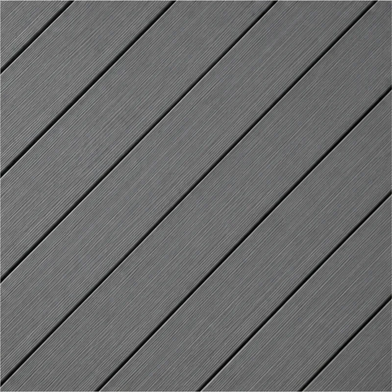 Close-up of grey PVC deck boards laid diagonally